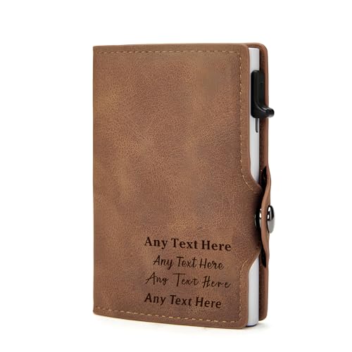 EDSG Personalized Slim Wallet for Men Leather Wallet Card Holder Custom Mens Wallet Smart Pop-up Credit Card Case Gifts for Men Husband Birthday Christmas Fathers Day Valentine (Brown, Design 3)