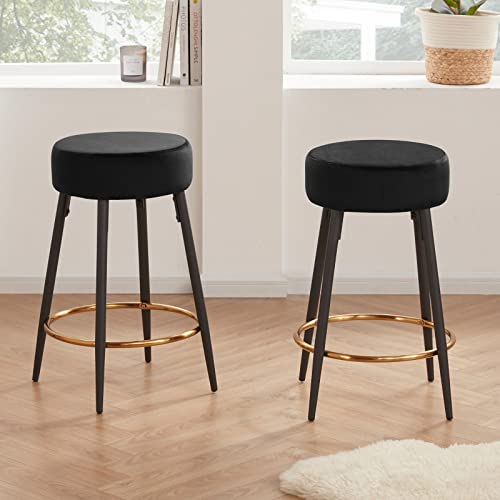Taburetes de Bar Redondos de Terciopelo Negro DUHOME Set de 2, 24 Pulgadas de Alto para Café miniatura 2