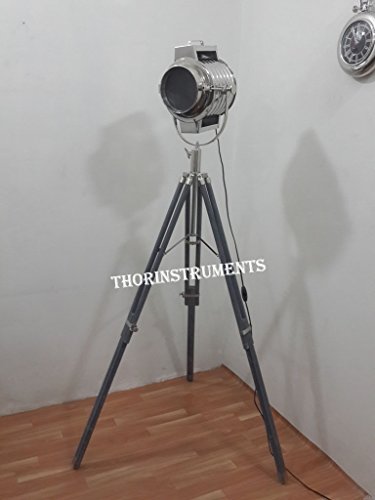 THOR INSTRUMENTS Designers Searchlight & Grey Tripod Stand Wood Shiny Chrome Rustic Vintage Home Decor Gifts