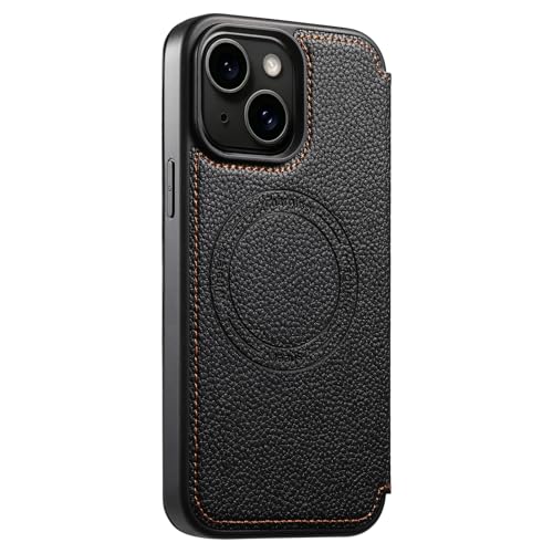 Image of Cubix Flip Cover for iPhone 15 | Pebble-Grain Texture | N52 High-Strength Magnet | Magnetic Wireless Charging Compatible | 2 Card Slot | Slim Full Cover (Black)