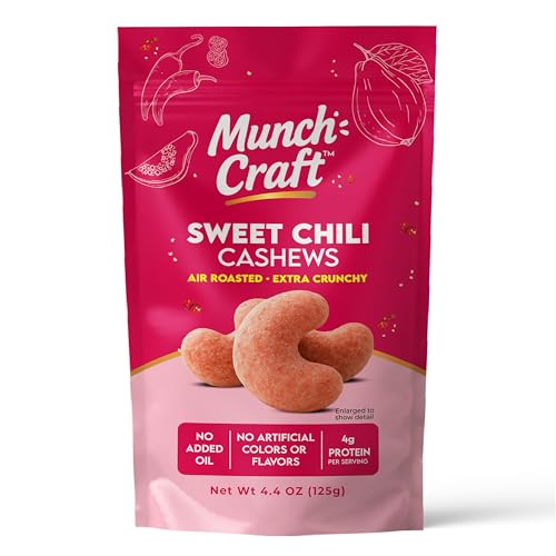 Image of Munch Craft Gourmet Sweet Chili (Guava Blaze) Cashews - Perfectly Balanced Flavor (Tropical Guava & Red Chili) - Extra Crunchy Air-Roasted Nuts, Oil-Free - No Artificial Colors or Flavors - 4.4 oz (125g) Resealable Bag