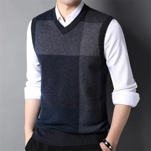 Men Sleeveless Sweater Vest 100 Percent Wool V Neck Thick Textured Plaid Fall Winter Warm2