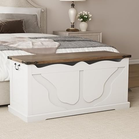 Maupvit Storage Chest, 39.4" Wooden Storage Trunk with 2 Safety Hinges, End of Bedroom Bed Bench with Metal Corner Decoration, Shoe Bench for Entryway, Bedroom, Living Room, White Cover