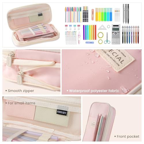 Image of Large Capacity Pencil Case Pouch with 5 Black Gel Pens (Pink plaid) | Expandable, Water-resistant, 4-compartment design, Versatile, Quality materials, Cute style, 0.5mm gel pens