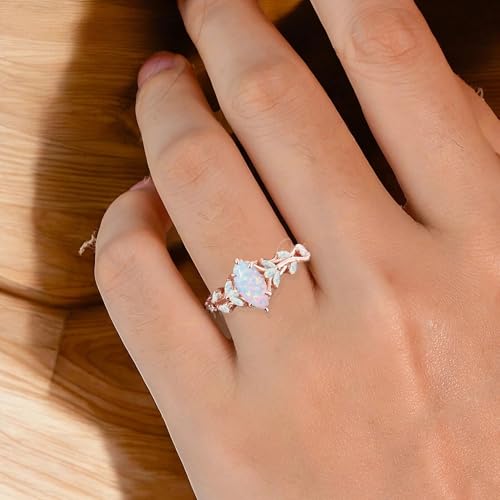 Vintage Marquise Cut Fire Opal Engagement Ring Rose Gold Nature-Inspired Cluster Art Deco Leaf Design Promise Ring Unique Handcrafted Women's Jewelry Gift for Valentine Birthday Gift3
