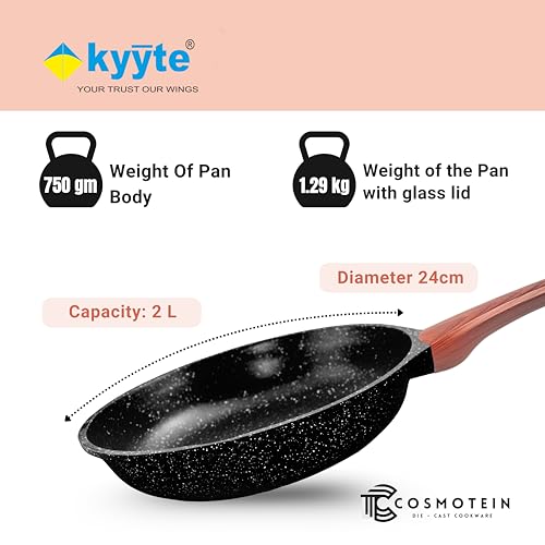 Image of kyyte CosmoTein Die Cast Non Stick Fry Pan with Glass Lid 24 cm Dia,Pasta,Saute Pan,Nonstick Fry Pan with 5 Layer Coating,Gas &Induction Stove Friendly,Dishwasher Safe,PFOA&PFOS Free, Safe&Toxic-Free.