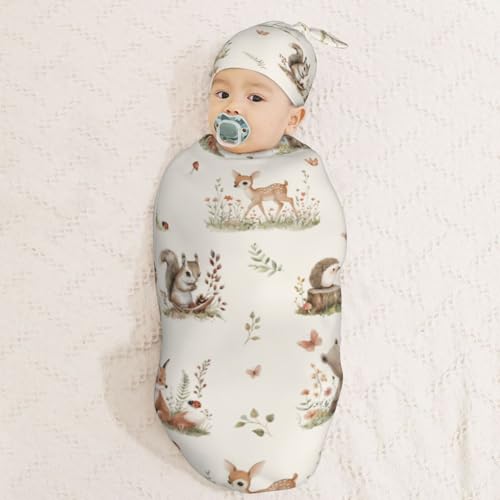 Image of Cute Cartoon Animal and Botanical Print Swaddle Blanket with Beanie Hat Set Newborn Swaddle Wrap Soft Baby Receiving Blankets Baby Swaddle Blanket for Baby Boys and Girls