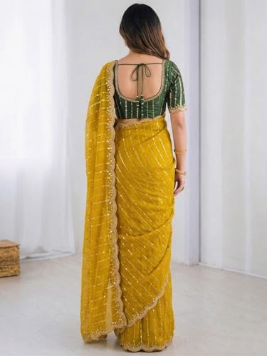 Image of SIRIL Women's Shimmer Georgette Scalloped Border Sequins Embroidery Saree with Unstitched Blouse Piece