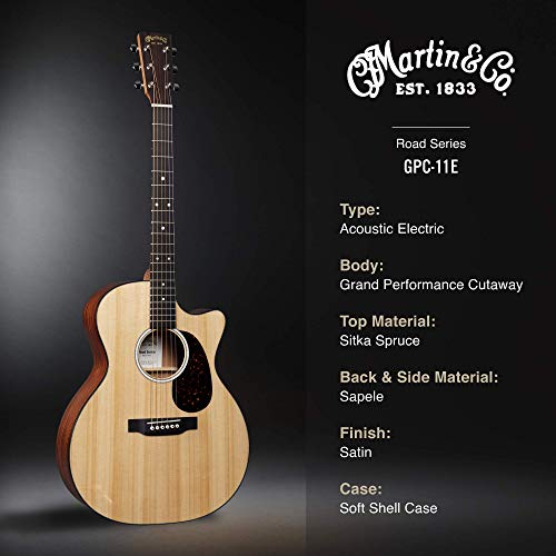 Martin Guitar Road Series GPC-11E Acoustic-Electric Guitar with Gig Bag, Sitka Spruce and Sapele Construction, GPC-14 Fret and Performing Artist Neck Shape with High-Performance Taper Natural