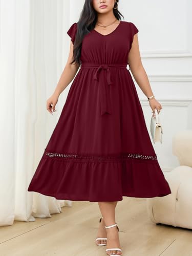 RWJ Women Plus Size Summer Maxi Dress V Neck Cap Sleeveless Cocktail Casual Dresses with Belt4