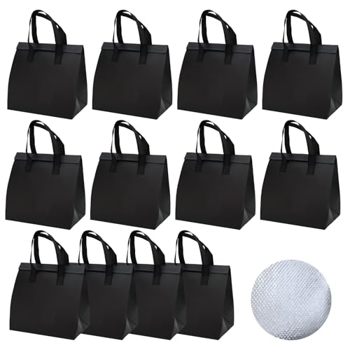 Chanseen 12Pcs Disposable Insulated Lunch Bags for Food Delivery Thermal Cooler Take Away Bag for Food Drink - Aluminum Foil Liner Black