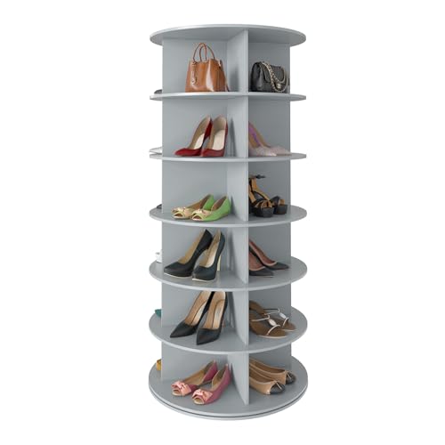SpaceAid 6 Tier Rotating Shoe Rack Tower, Spinning Shoe Display Lazy Susan, Revolving 360 Shoe Rack Storage Round Carousel, Vertical Handbag Rotate Shoes Closet Organization (6-Tier Gray)