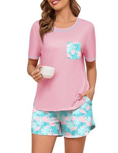 Namatime Schlafanzug Damen Kurz Baumwolle Pyjama Damen Sommer Nachtwäsche Zweiteiliger Sleepwear mit Taschen Hausanzug Kurzarm Shirt und Pyjamahose...