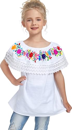 YZXDORWJ Mexican Blouse for Girls Traditional Embroidered Youth Kids Shirts Off The Shoulder Ruffle Lace Peasant Blouse