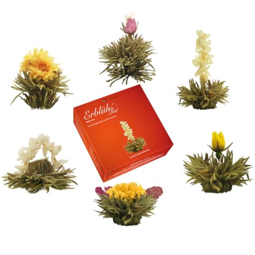 Creano Teeblumen Mix – „ErblühTee“ in edler Geschenkbox zum Probieren | Weißtee (6 verschiedene Sorten Teerosen) Geschenk für Frauen, Mutter, Teeliebhaber
