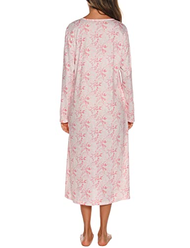 Yozly Nightgowns For Women Cotton Long Sleeve Night Gwon Ladies House Dress Floral Pink, Medium #TOP4