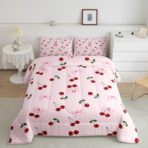 Image of Feelyou Bows Cherry Summer Comforter Set Twin Size Kids Boys Girls Bedding