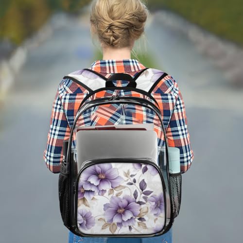 Beautiful Purple Flowers Clear Backpack Stadium Approved PVC Backpacks for Adults Heavy Duty Clear Bag for Work Security Travel College3