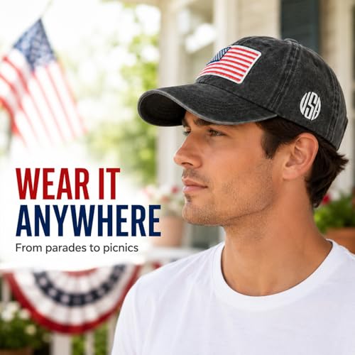 Image of American Flag Baseball Cap for Men Women, Washed Cotton USA Hat, Adjustable Patriotic Cap for 4th of July