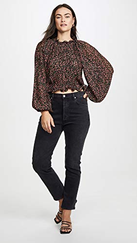C/Meo Collective Women's Longevity Long Sleeve Pleated Ruffle Top, Black Floral, M