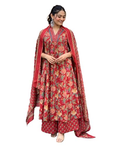 Image of Yashika Women Cotton Blend Floral Printed Kurta Plazzo Set with Dupatta Suitable For Every Indian Occasion