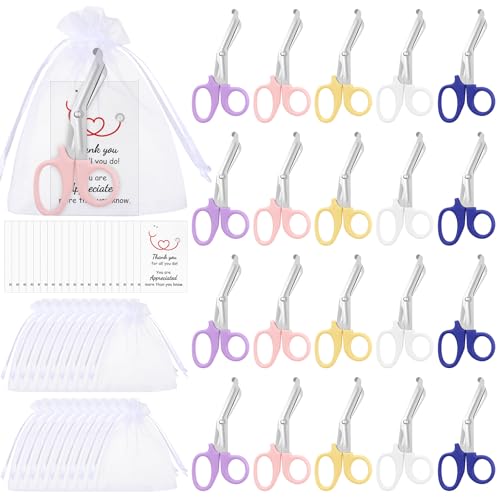 Threlaco 20 Pcs Trauma Shears, Gifts for Nurse Day, Medical Scissors with Organza Bags and Thank You Gift Tags, Stainless Steel Gauze Shears for Nurses Doctors EMS Volunteers (Mixed Colors)