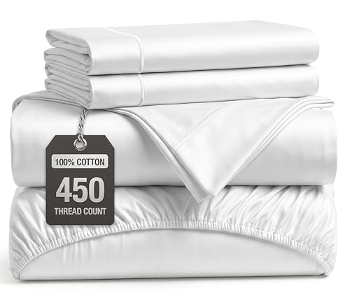 Image of LANE LINEN King Size Sheets Set - 450 Thread Count Long-Staple 100% Cotton Sheets, Naturally Cool & Durable for Everyday Use, 15 inch Deep Pocket Fitted Sheet with All-Around Elastic for Snug Fit - White