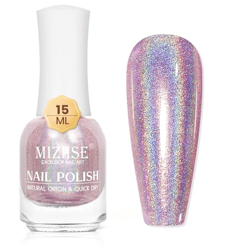 MIZHSE Holographic Nail Polish, Light Purple Glitter Nail Polish Air Dry Fast, 15ml/0.5 fl oz High Glossy Shimmer Nail Pigment Laser Oil-based Chrome Halo Nail Art Salon Manicure at Home