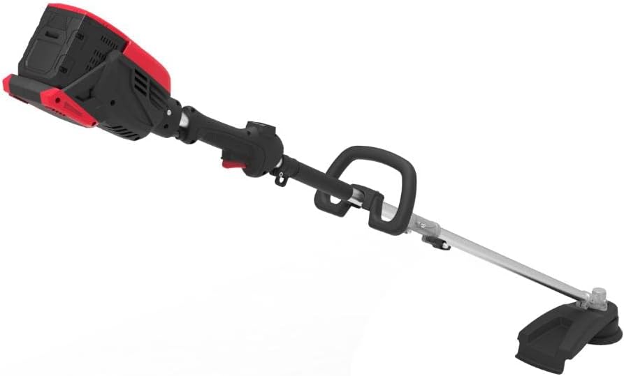 Close-up of the Benchmark cordless lawn trimmer's handle and controls