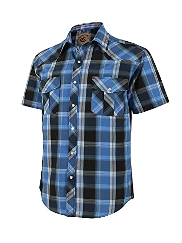 COEVALS CLUB Men's Western Plaid Pearl Snap Buttons Two Pockets Casual Short Sleeve Shirts (XL, 4#Blue,Black)