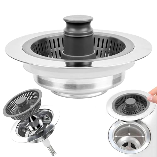 3 en 1 Colador Fregadero de Cocinas, Rejilla Fregadero Cocinas, Filtro Desague Fregaderos, Tapón Filtro Desague Cocina de Acero Inoxidable, diámetro de 71 a 85 mm, Profundidad  43 mm