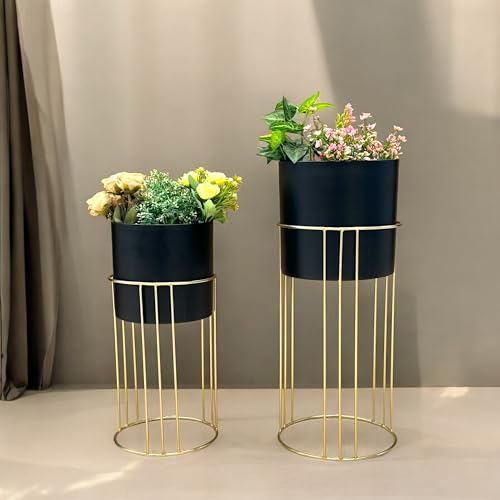 Image of Decorative Black Planter Gold Stand for Living Room | 24 inch & 19 inch (Height) x 10 inch & 9 inch (Diameter) | Modern Indoor Planters and Flower Pots Set of 2 (Gold & Black)