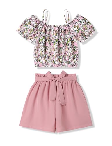 Hipea Teen Girl Clothes 2-Pieces Printed Off-the-Shoulder Top and Solid Shorts Set Teen Clothes Size 6 7