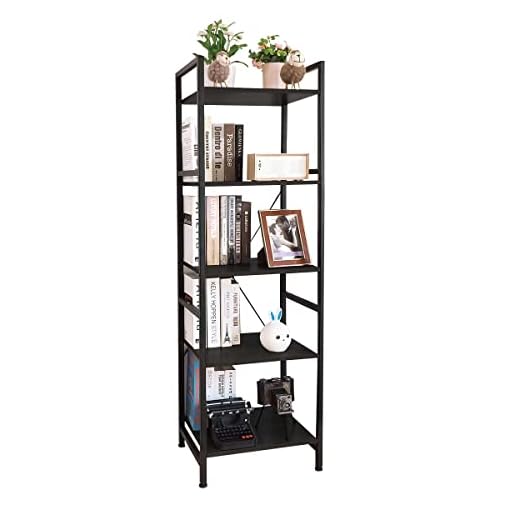 OGCAU Bookcase and Bookshelf 5 Tier Display Shelf, Industrial Bookshelf with Metal Frame, Freestanding Storage Shelves, Narrow Bookshelf for Home Office, Vintage Industrial Style, Black