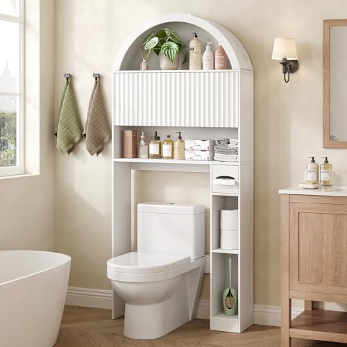 Image of 31 inch W Arched Over The Toilet Storage Cabinet, Fluted Doors, White | Over Toilet Bathroom Organizer with Doors, Bathroom Storage Cabinet with Toilet Paper Holder and Anti-Tipping Device