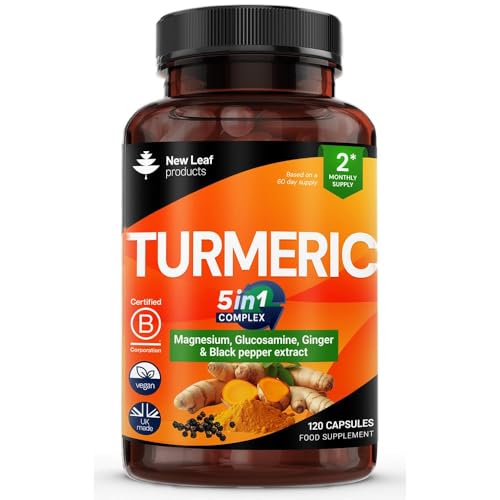 Turmeric 5 in 1 Complex   5000mg Turmeric Capsules High Strength Enriched with Magnesium & Glucosamine Sulphate   Added Ginger Capsules + Black Pepper, 95% Curcumin Supplement   Vegan Supplement