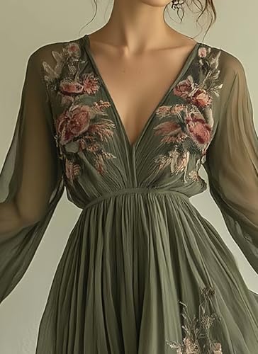 Womens Green Tulle Floral Beach Cover Up Sundresses with Belt Long Sleeves V Neck Summer Ruffle Tiered Dresses3