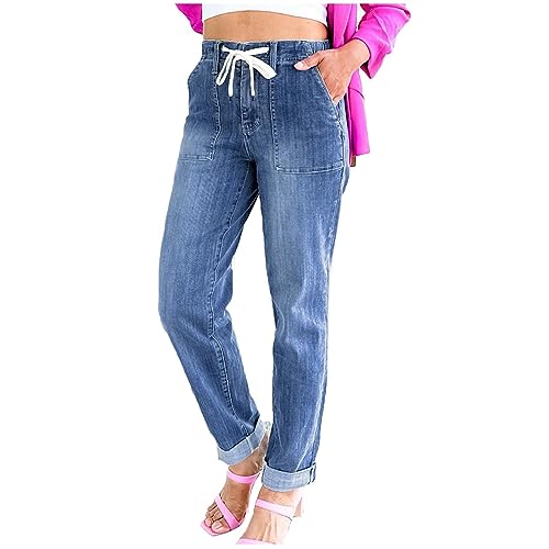 Straight Leg Jeans for Women Casual Drawstring High Waisted Denim Pants Lightweight Comfy Trousers with Pockets