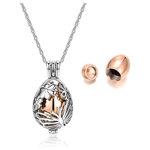 Jovivi Ashes Keepsake Urn Necklace Cremation Jewellery Women, Stainless Steel Memorial Hollow Heart Teardrop Ash Hair Locket Pendant Chain,w/ Funnel Kit (Butterfly and Flowers) Cover