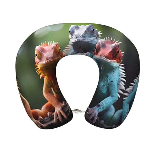 ZhRiYan 4 almohadas de viaje de espuma viscoelástica de lagartos coloridos, soporte para el cuello en forma de U, perfecto para coches, oficina en casa y actividades de ocio.