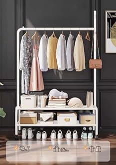 Lukzer | MGR-008 | White | Metal Garment Rack with Wheels & 2 Bottom Shelves – Freestanding Clothes Stand & Storage Organizer for Bedroom, Living Room, Shop Display & More | 173 x 110 x 34 cm