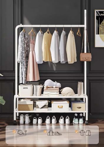 Lukzer | MGR-008 | White | Metal Garment Rack with Wheels & 2 Bottom Shelves – Freestanding Clothes Stand & Storage Organizer for Bedroom, Living Room, Shop Display & More | 173 x 110 x 34 cm