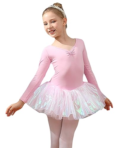 HuesHub Girls Dance Leotard Long Sleeve Pink Ballet Outfit with Glitter Tutu Skirted Size 3-4 Years,label size 110