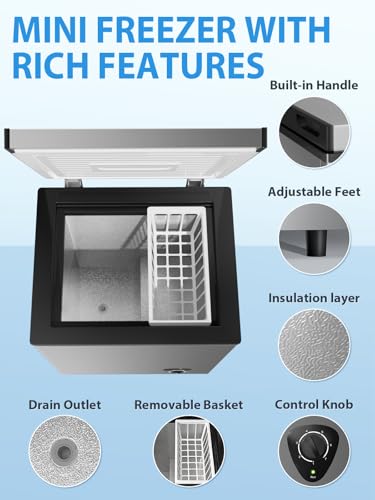 Image of Small Deep Freezer with Removable Basket, 3.5 Cu.ft Chest Freezer Top Door Open, 7 Grade Temperature Control Ideal for Kitchen Apartment Office, Light grey