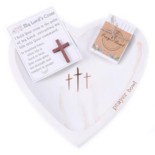 WHLHMK Resin Heart Dough Bowl with 24 Prayer Cards Handcrafted Bowl with Holding Pocket Cross Christmas Gifts Home Decor (White 9 x 9 x 1.1)