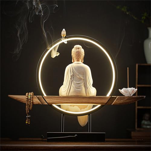 Statua buddista con bruciatore di incenso e lampada circolare a LED, decorazione da parete zen da parete, opera d'arte da appendere per soggiorno e illuminazione del portico