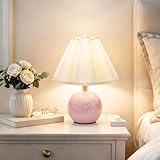 Komothala Bedside Table Lamp, Ceramic Stepless Dimmable Lamp with Scalloped Fabric Shade,Decorative Accent Light for Nightstand, Living Room, Console or Kids Dorm,Pink (E26 LED Bulb Included)