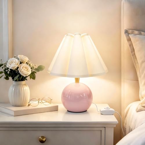 Small Bedside Table Lamp 11.8 Ceramic Stepless Dimmable Lamp with Scalloped Fabric Shade Decorative Accent Light for Nightstand Living Room Console or Kids Dorm Pink (E26 LED Bulb Included)
