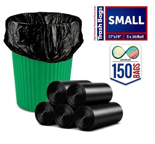 Image of Small Black Garbage Bags 17x19 Inch Trash Bags for Dry & Wet Waste, 150 Bags (5 Roll)
