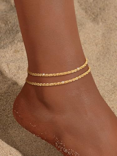 Gold Ankle Bracelets for Women,14k Gold/Silver Plated Waterproof Layered lightweight Cuban Link Figaro Chain Heart anklet Bracelets Set Gold Anklets for women Trendy Jewelry Gift3